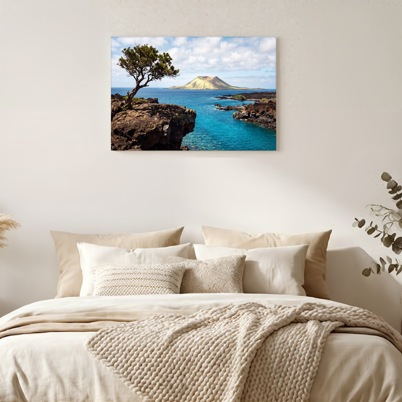 «Tree on Rocky Cliff Over Volcanic Island and Blue Ocean», art mural, 20"H x 30"W