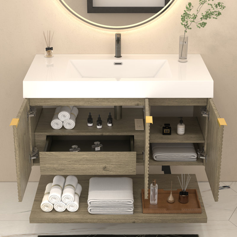 Ensemble de meuble-lavabo mural 42 pouces avec portes et tiroir intérieur Moreno Stella, Chêne blanc