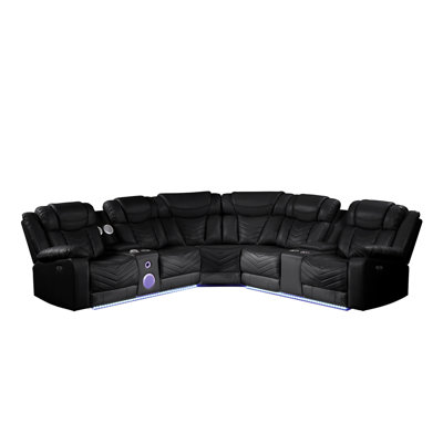 Canapé modulaire contemporain en similicuir gris, fauteuil inclinable électrique, ports et porte-gobelets en acier inoxydable pour se détendre en cuir incurvé moderne à 6 places avec contrôle du fauteuil inclinable