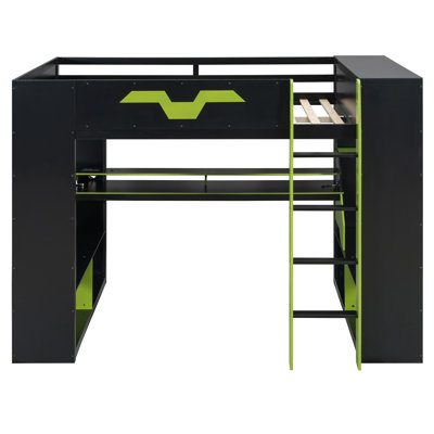 Lit mezzanine en bois pleine grandeur avec prise de courant et ports USB / Type-C, gestion des câbles intégrée et lumière RVB, vert