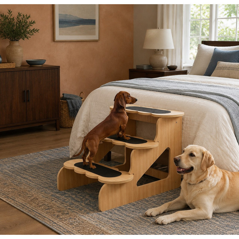 Escaliers et rampes en bois pour chiens recommandés par les éducateurs canins ; support robuste conçu pour les chiens de petite taille et les chiens âgés.