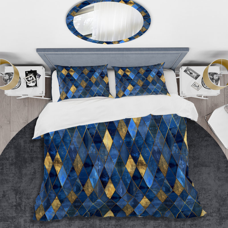 Cobalt Blue Glam Triangles - Ensemble de housse de couette glam, Housse de couette très grand + 2 taies décorativ