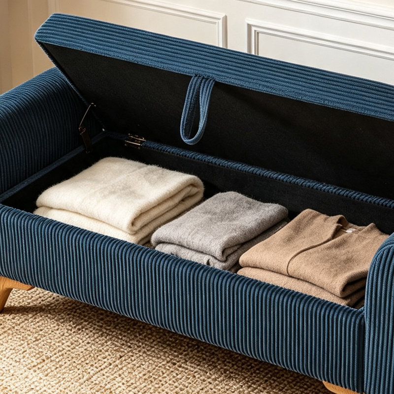 Banc de rangement en velours côtelé 57 po avec pieds en bois massif, Bleu