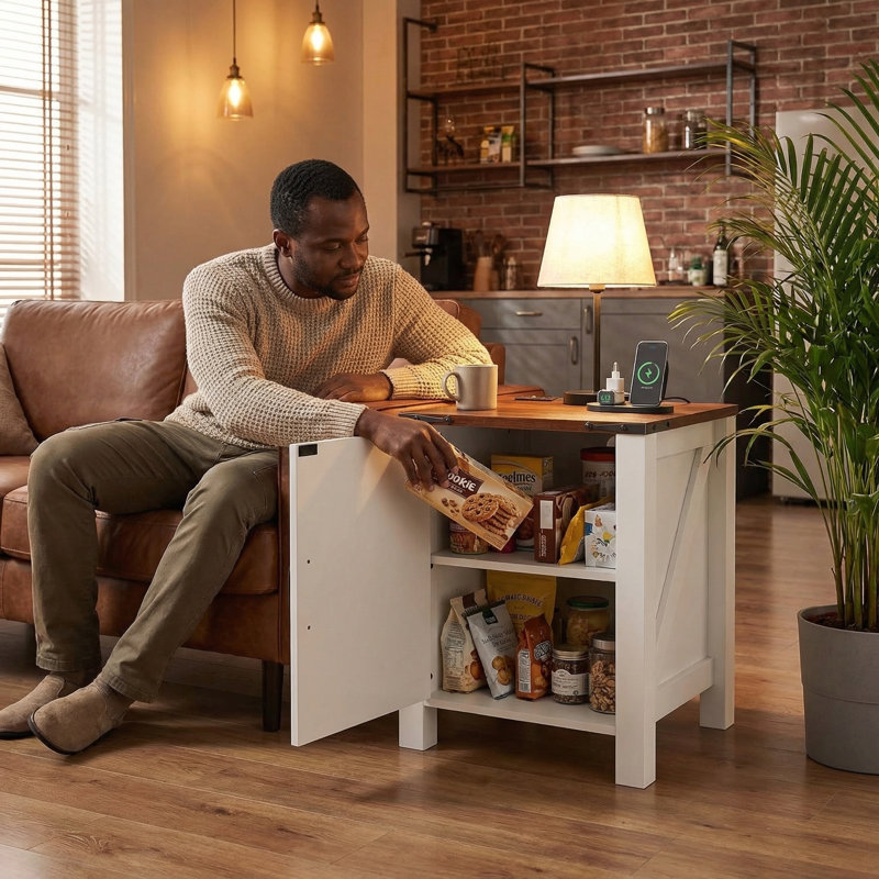 Table de chevet avec station de charge USB - Table de chevet rustique 18 "avec porte de grange coulissante, tablette réglable, rangement à deux niveaux - Chambre ou salon