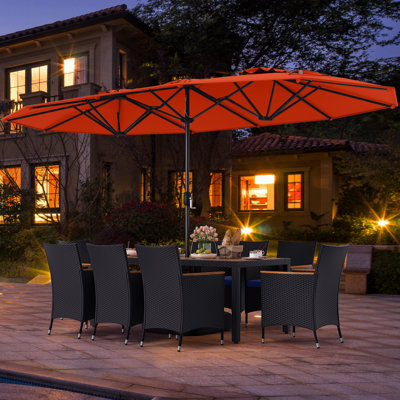 11 PCS Patio Wicker Dining Set with Double-Sided Outdoor Umbrella 8 Stackable Chairs by Arlmont & Co.