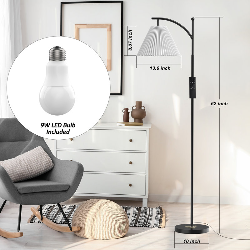 Lampe sur pied à intensité variable 62 po Perryman, lampe sur pied à arc avec 1000 lumières DEL Edison incluse, lampe à mât haut plissé moderne pour le salon, la chambre à coucher et le bureau