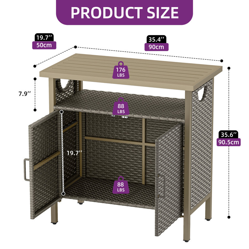 Outdoor PE Rattan Storage Cabinet – Weather-Resistant Wicker Bar Table with Double Doors, Brown