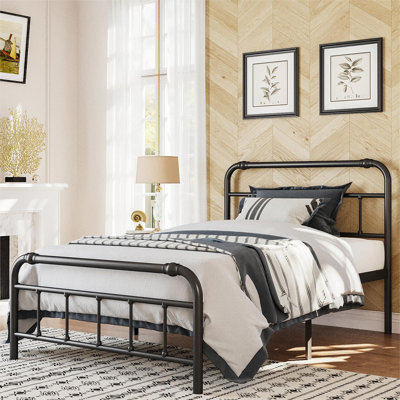 Amylia Anti-Sway Heavy Duty 14” Metal Iron Bed Frame - Noise-Free Platform Bed with Headboard & Footboard, Artistic Steel Pipe Moulding, Non-Slip, No Box Spring Needed, Twin Size for Master Bedroom/Shared Space