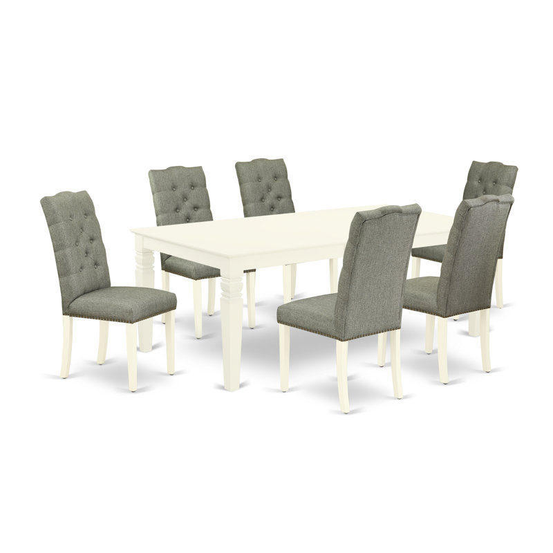 7 Piece Dining Table Set Consist of a Rectangle Dinner Table with Butterfly Leaf and 6 Gray Linen Fabric Parson Dining Chairs,  Linen White