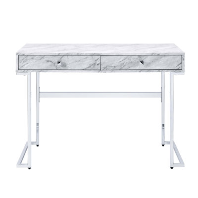 Rectangular Writing Desk With 2 Storage Drawers, White Engineered Stone Surface, Side Metal Drawer Glide, 1/2 Extension, Leg Space 35"l X 19"d 26", Di