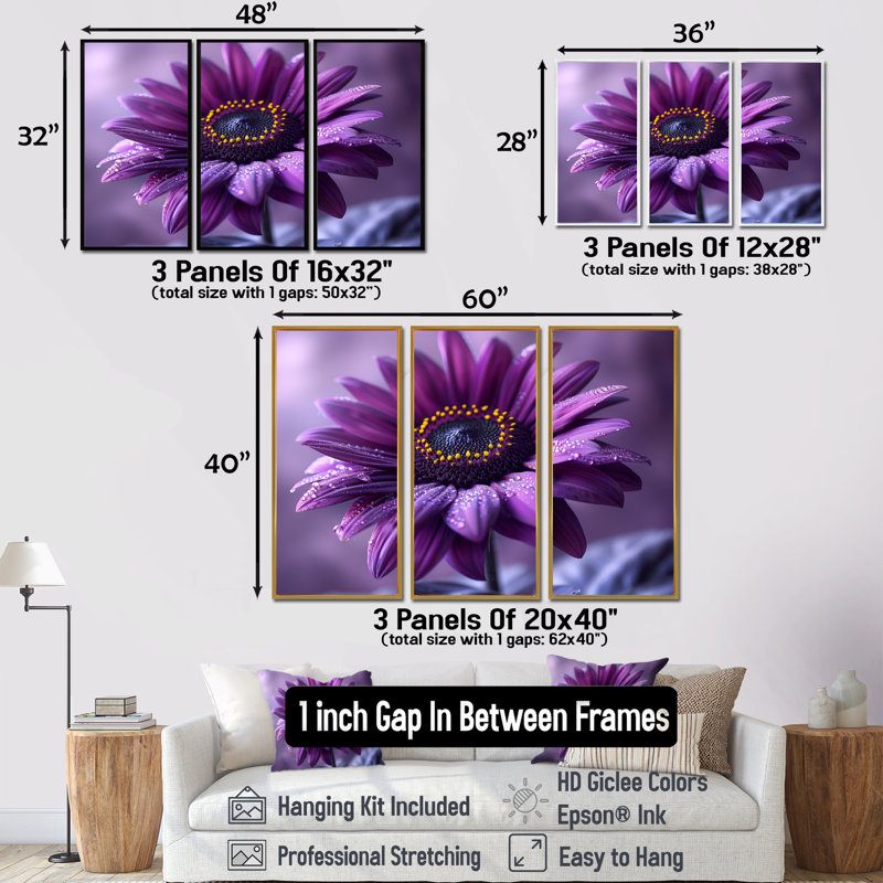 Ensemble de décoration murale moderne tournesol mauve fusion II, Cadre noir, H 40 po x l 60 po