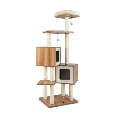 Modern Wooden Cat Tree With Perch Condos And Washable Cushions