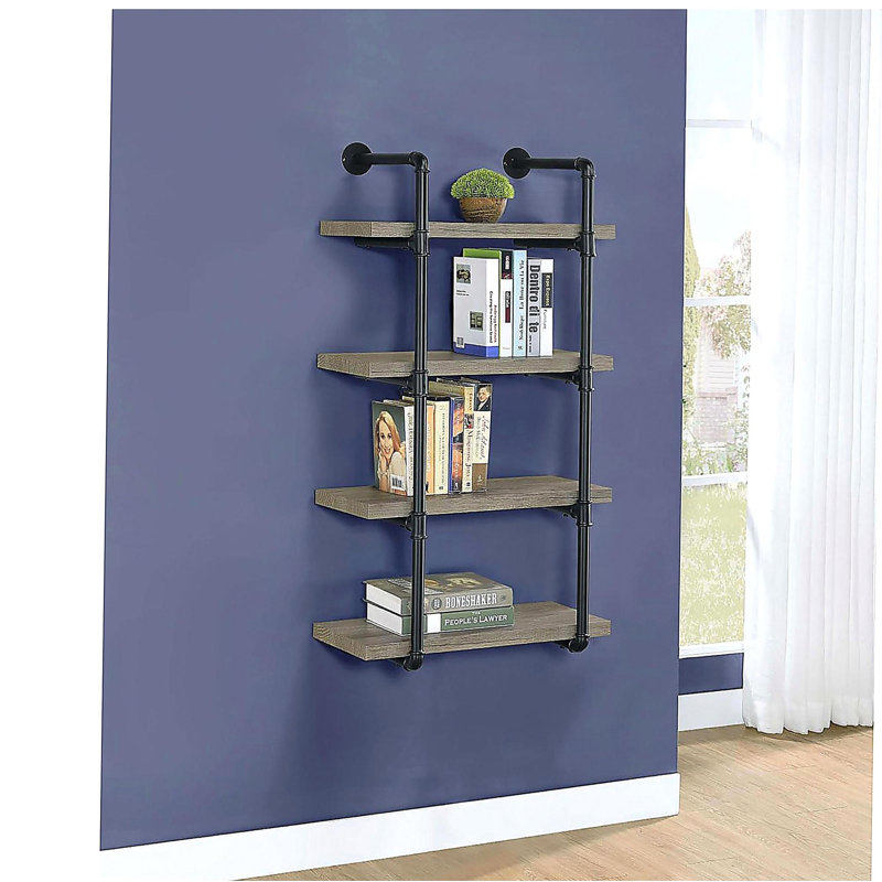 Black grey driftwood metal 24-inch wall shelf, Black/Gray, (4 Shelves) 46" H x 23.68" W x 11.68" D