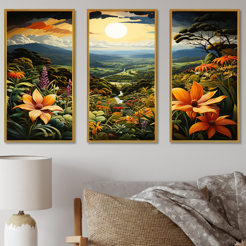«Lush Rainforest Flowers Fields», ensemble d'art mural sur toile fleurie, Cadre flottant doré, H 28 po x l 36 po x P 1 po