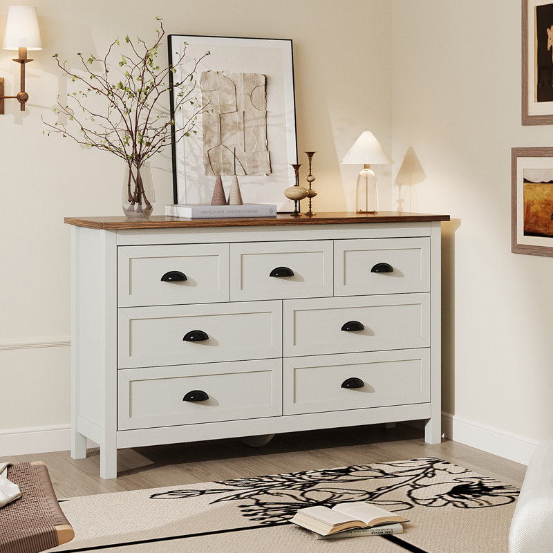 Dresser For Bedroom, Modern Dresser With 7 Drawers, Wide Chest Of Drawers With Metal Handles, Brown/White