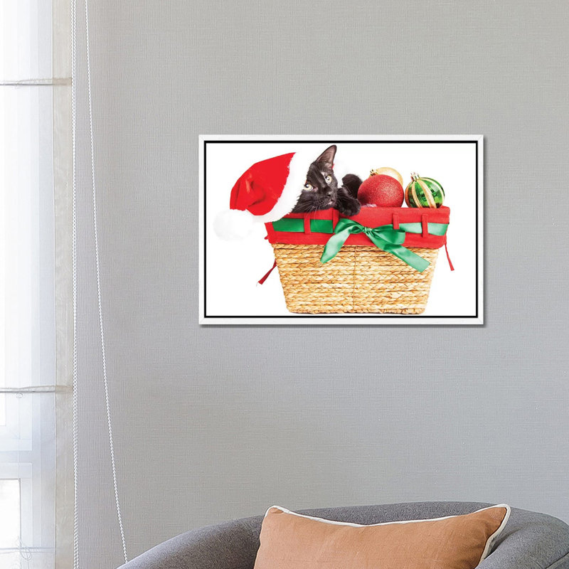 Cute Kitten In Christmas Basket by Susan Richey - Gallery-Wrapped Canvas Giclée on Canvas, White Framed