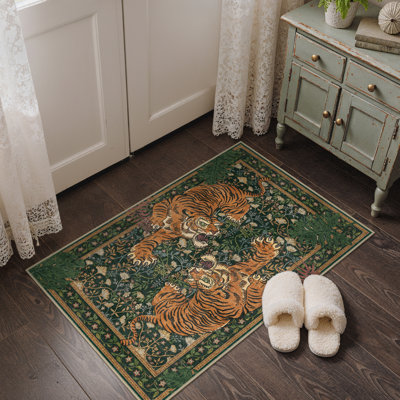 Teiarra Tiger Print Machine Washable Area Rug With Non-Slip Backing