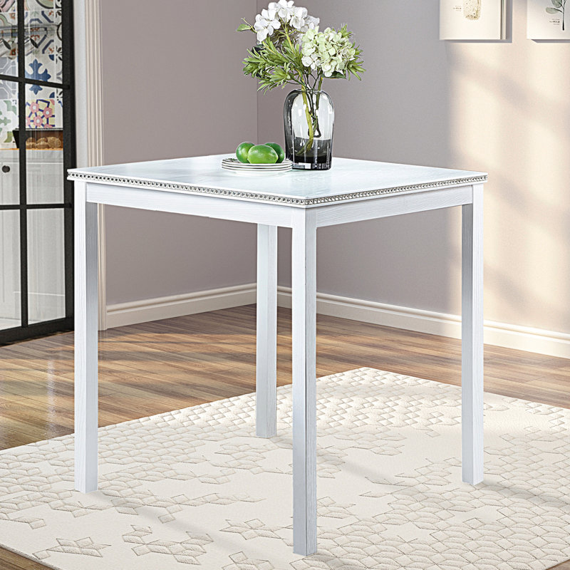 Table de salle à manger carrée blanche à hauteur de comptoir pour 4 personnes, lignes épurées, bords en cristal acrylique, pieds en bois massif pour un plateau de table imperméable, une structure et des pieds faciles à installer