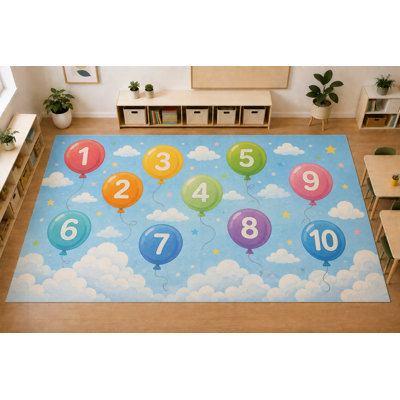 Large 6'7" x 9'10" Number Balloons Kids Area Rug, Soft Low Pile Indoor Rug with Non-Slip Silicone Backing for Nursery, Kids Room, Sky Blue