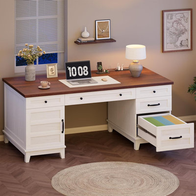 60" Wooden Home Office Desk with File Drawers, Executive Desk with Adjustable Cabinet
