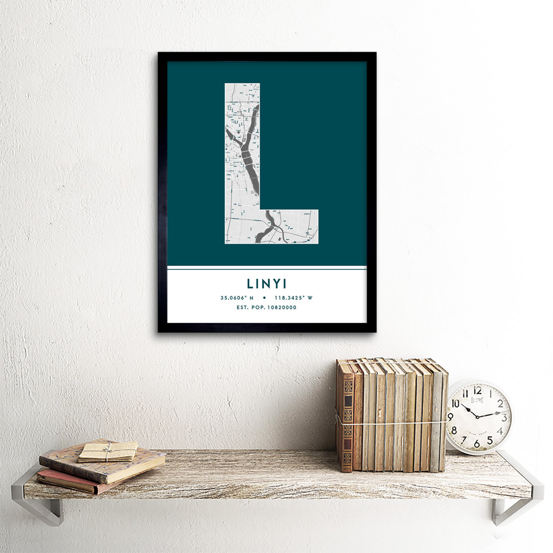 Linyi City Map Linyi China City Map Teal - Single Picture Frame Typography