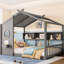 Lit double pleine grandeur à plancher gris avec tablette de rangement, toit et espace d'imagination, expérience de maison de jeu-129982889-129982892
