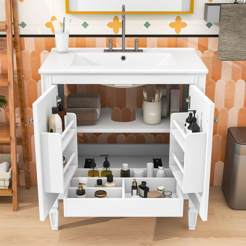 Meuble-lavabo vintage avec lavabo et tablettes réglables, Blanc
