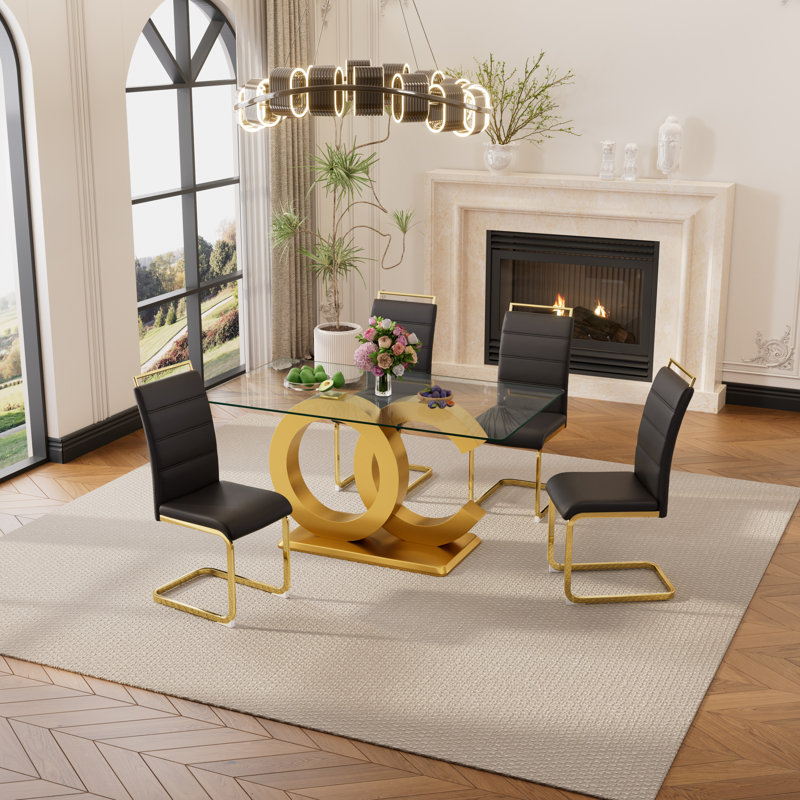 Chaylee 6 - Person Pedestal Dining Set, Black/Gold