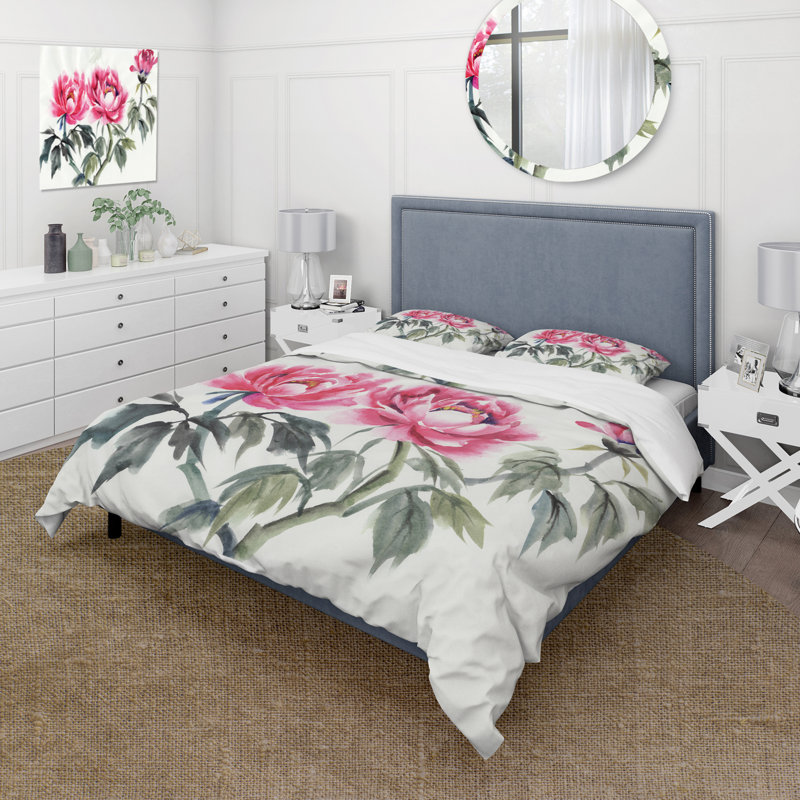 Ensemble de housse de couette Traditional - pivoines mauves rétro - microfibre de polyester