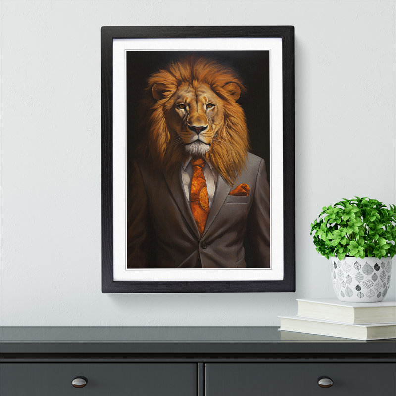 Lion In A Suit Painting No.2 - Single Picture Frame Print on Wood, Black Framed, 34cm H x 25cm W x 2cm D