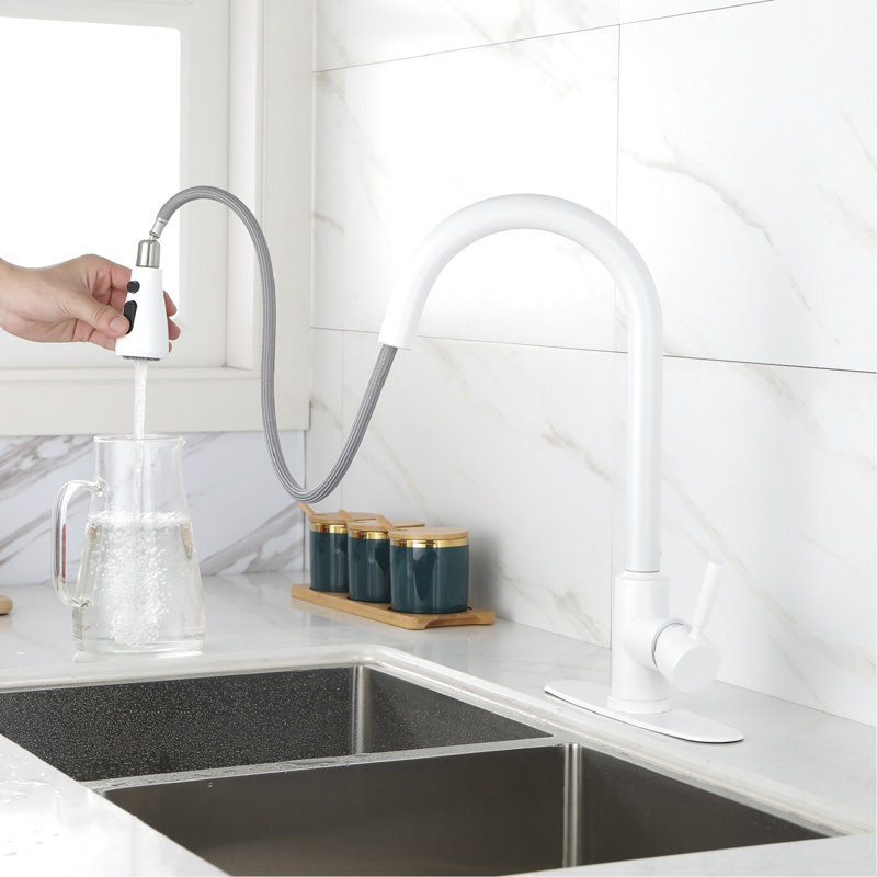 Modern White Kitchen Faucet With Stainless Steel, Pull Out Spray Functionality For Convenience, 360 Rotating Nozzle, Two Water Output Settings, Simple And Easy Single Control Function, Convenient