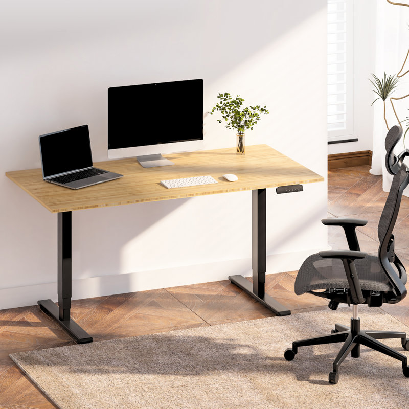 Bamboo Dual Motor Electric Standing Desk With Solid Bamboo Top, 55" X 28" Adjustable Height Sit-Stand Desk With Memory Presets
