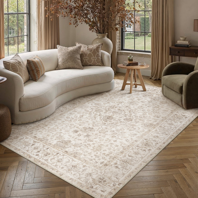 Elora Machine Washable Floral Area Rug With Non-Slip Backing in Beige, Rectangle 6' x 9', Beige