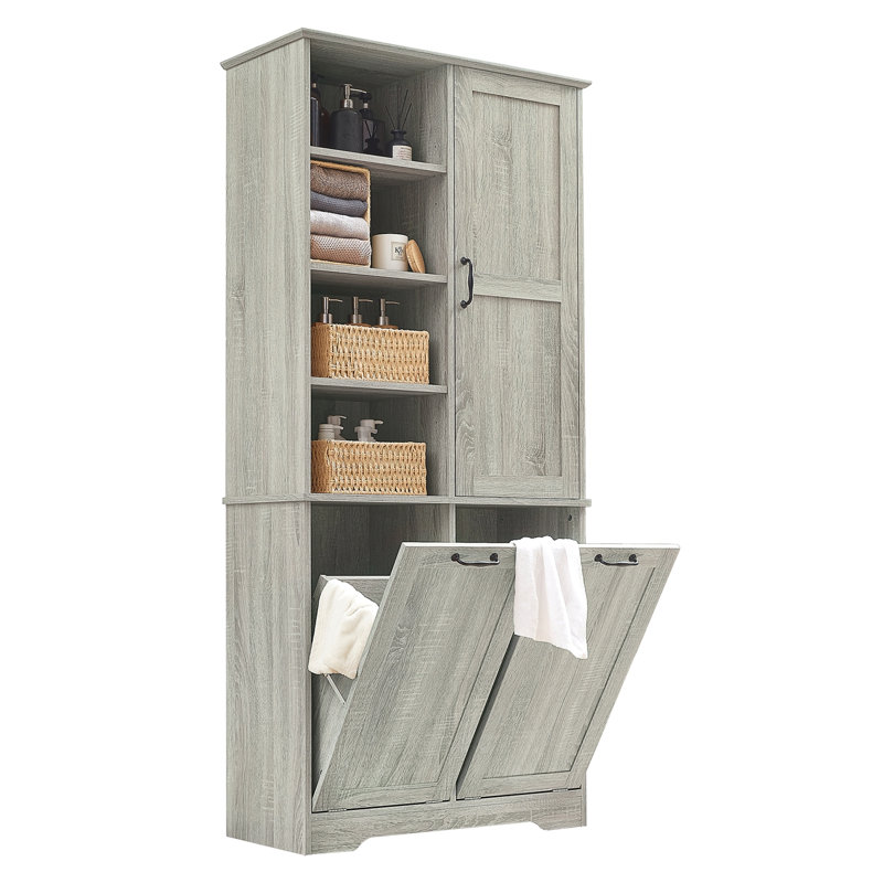 Armoire de rangement pour salle de bain avec portes et tiroirs, panier à linge inclinable, plusieurs espaces de rangement, style autoportant, tablette ouverte, tablette réglable