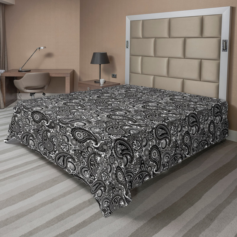 Drap plat Ambesonne East Top blanc dentelle et gris anthracite, Très grand