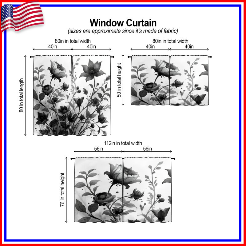 Illustration botanique monochrome de rideaux de fenêtre obscurcissant et obscurcissant - 2 panneaux, Transparent