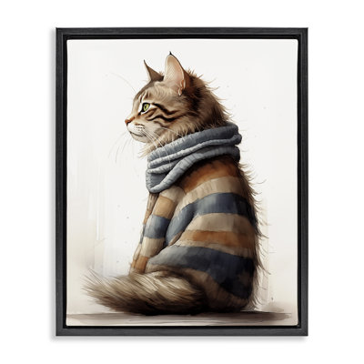 Cat in Striped Sweater Brown Framed Floater Canvas Wall Art by Sasha