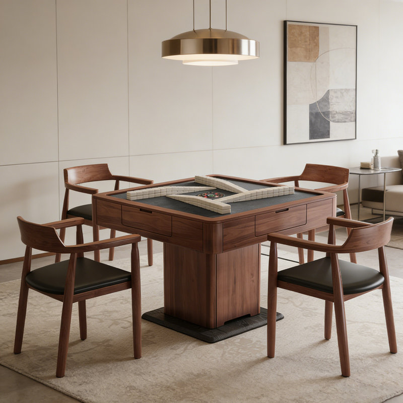 Table de Mahjong moderne et moderne avec plateau en bois massif, finition noyer, mobile avec roulettes
