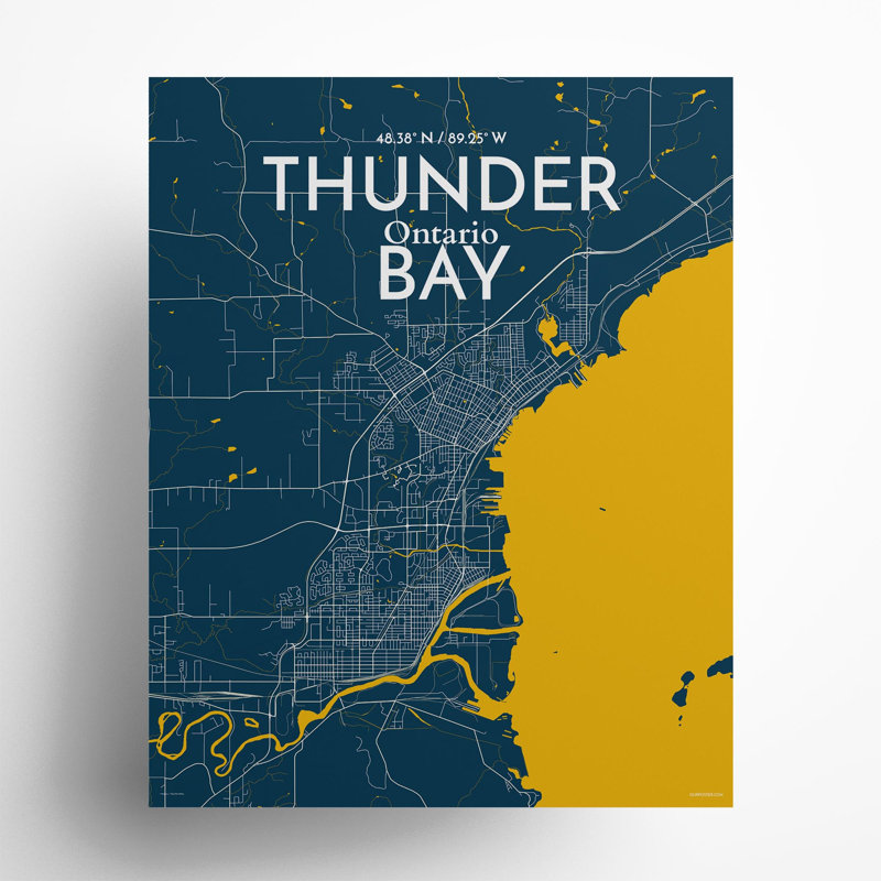 Thunder Bay City Map, impression, H 20 po x l 16 po, Bleu / jaune