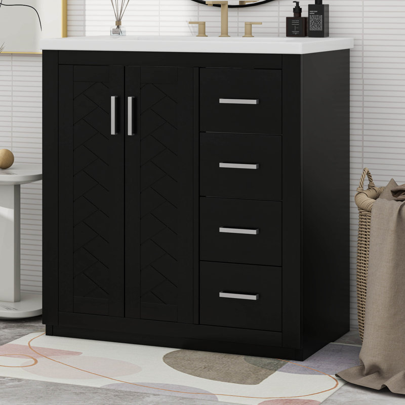 Ensemble de meuble-lavabo 30 po avec lavabo en céramique et porte à 3 tiroirs, Noir