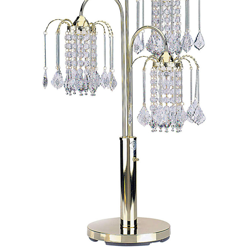 Lampe de table 34 po en métal avec finition laiton, 3 lustres en cristal