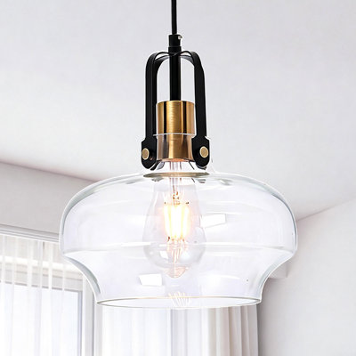 Pendant Light Kitchen Island Glass 1 Light, Farmhouse Adjustable Hanging Light Fixture Black and Gold Finished Metal Iron Body, Clear Glass Shade for Kitchen Island, Dining Room, Bar, E26 Base