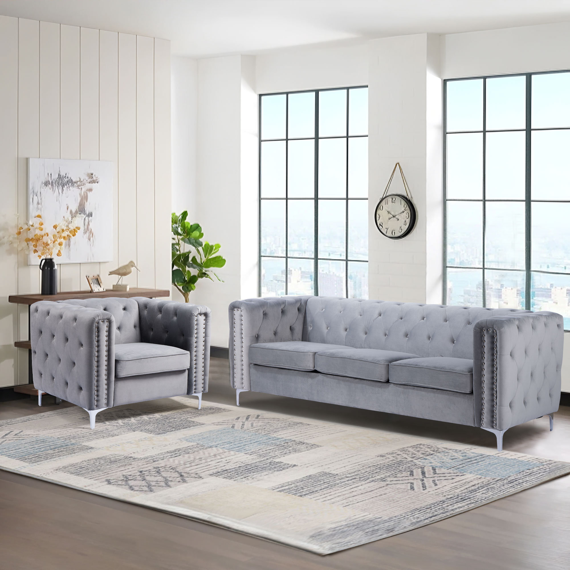 Modern 2-pieces Soft Upholstered Tufted Living Room Sofa Sets