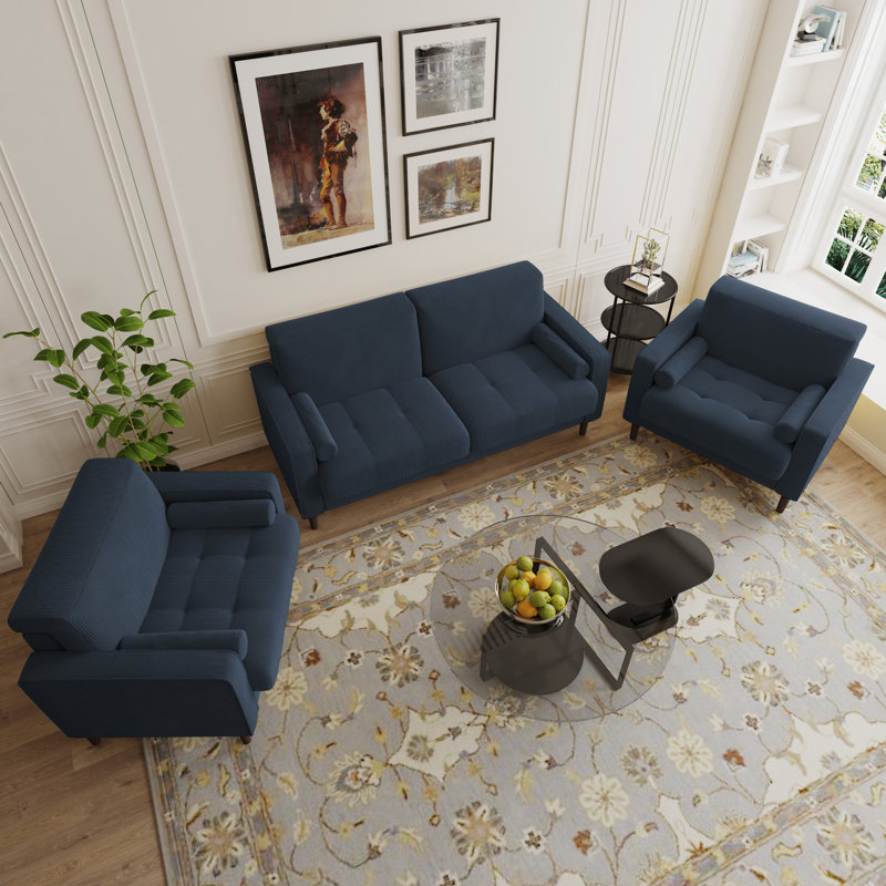 Carmelinda 3 Piece Sofa Set, Navy Blue