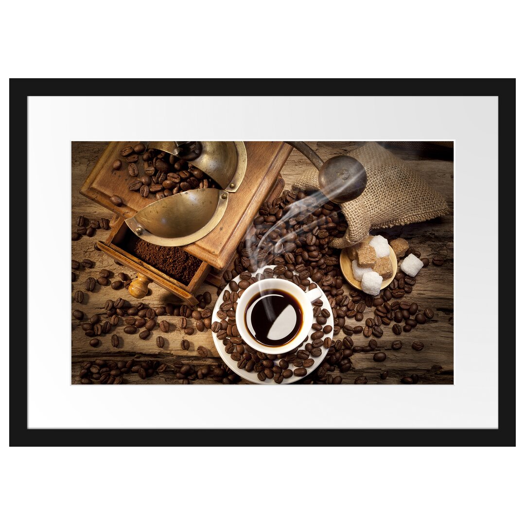 Gerahmtes Poster Kaffee mit Kaffeemühle