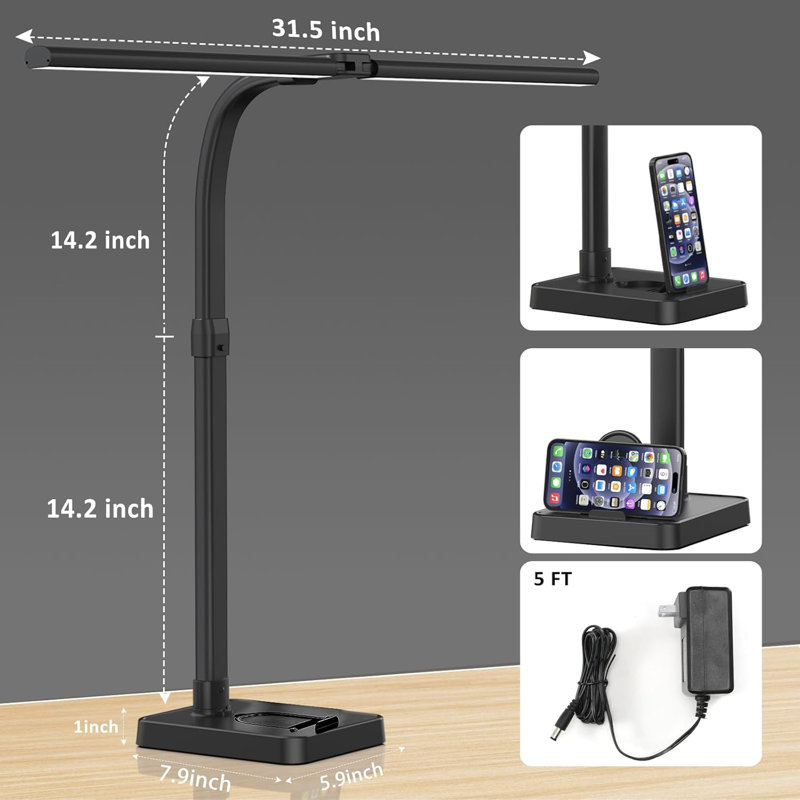 LED Desk Lamp With Phone Holder Base, 24W Adjustable Gooseneck Lamp, 25 Lighting Modes For Home Office Study