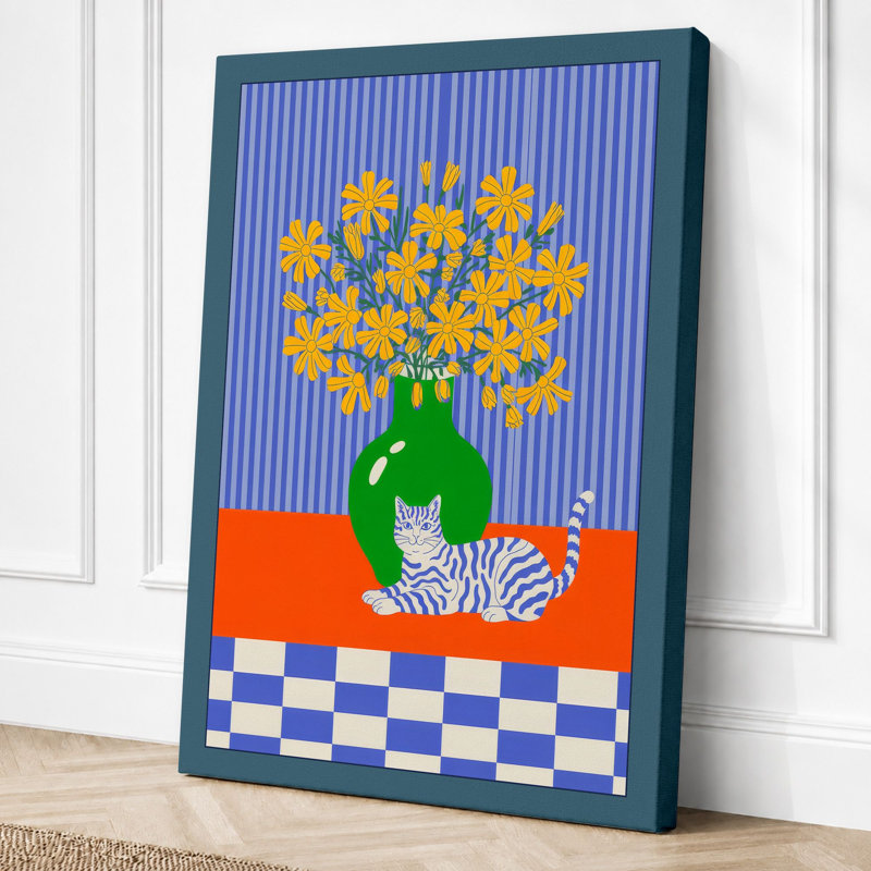 Flowers in Green Vase Boho 1 Piece Wrapped Canvas Wall Art, 36x24 - 91.4 x 61.0 cm, Teal Border