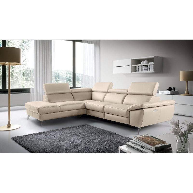 Olligs Genuine Leather Reclining Corner Sofa with Adjustable Headrests and Adjustable Armrest, Cream Genuine Leather