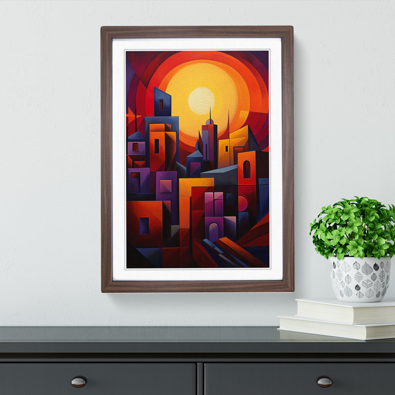 Sunset Cubism - Single Picture Frame Print on Wood, 46cm H x 34cm W x 2cm D, Walnut