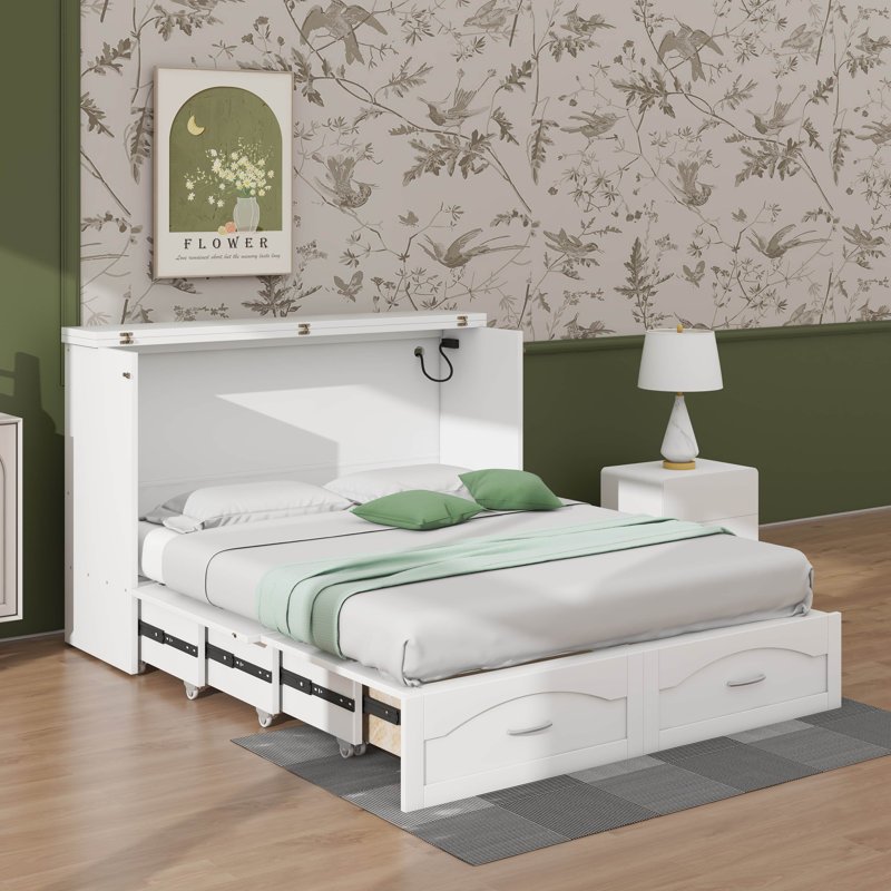 Queen Murphy Bed With Built-In Drawer And USB Ports, White